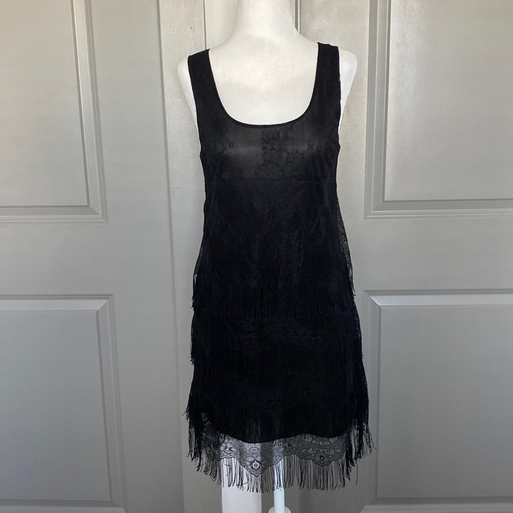 Black Fringe and Lace Shift Dress